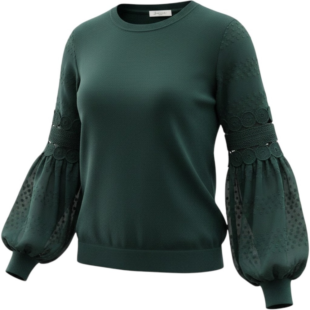 Giani Milano Knit Top Womens‎ Medium Green Sheer Swiss Dot Crochet Puff Sleeve